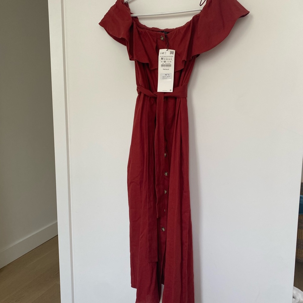 Zara Brick Red Ruffle Off-Shoulder Dress